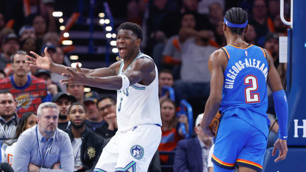 Jan 29, 2024; Oklahoma City, Oklahoma, USA; Minnesota Timberwolves guard Anthony Edwards (5) reacts after an officials call on a play against the Oklahoma City Thunder during the second half at Paycom Center.