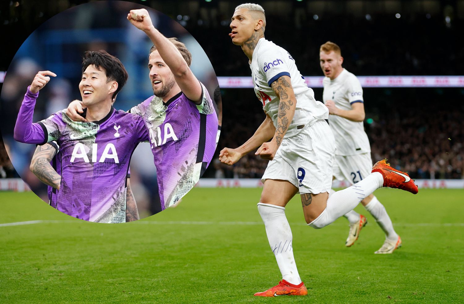 An image of Son Heung-min (left) and Harry Kane taken in February 2022 alongside a photo of Richarlison celebrating a goal during Tottenham's 3-2 win over Brentford in January 2024