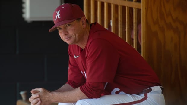 Alabama head coach Brad Bohannon sits on the bench before the game at Sewell-Thomas Stadium Sunday, April 3, 2022. The Crimson Tide defeated Texas A&M 8-4.