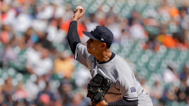 Aug 31, 2023; Detroit, Michigan, USA; New York Yankees relief pitcher Keynan Middleton (93) pitches in the sixth inning against the Detroit Tigers at Comerica Park. Mandatory Credit: Rick Osentoski-USA TODAY Sports