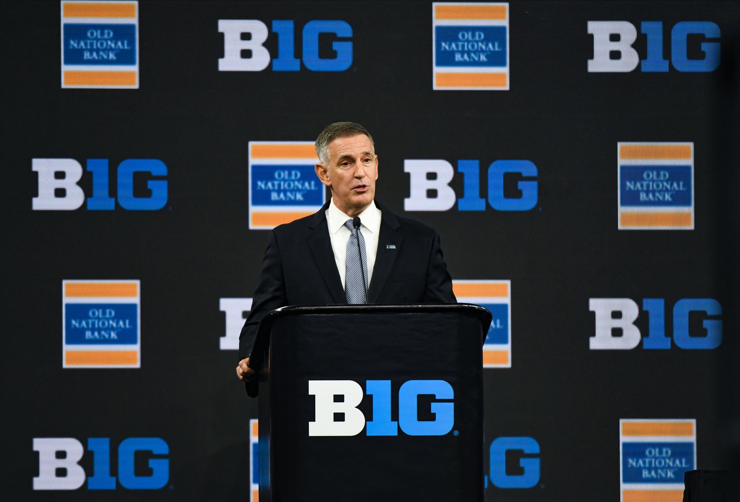 Big Ten commissioner Tony Petitti speaks to the media during Big 10 football media days at Lucas Oil Stadium.