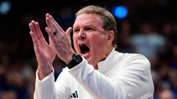 Feb 3, 2024; Lawrence, Kansas, USA; Kansas Jayhawks head coach Bill Self reacts after a call during the first half against the Houston Cougars at Allen Fieldhouse. Mandatory Credit: Jay Biggerstaff-USA TODAY Sports  