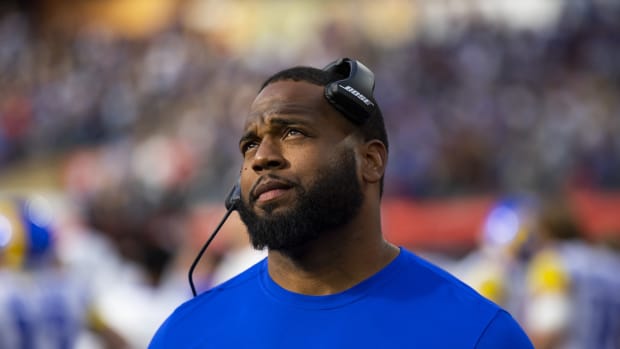 Feb 13, 2022; Inglewood, CA, USA; Los Angeles Rams offensive assistant Nick Jones against the Cincinnati Bengals during Super Bowl LVI at SoFi Stadium.