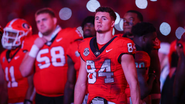 Nov 11, 2023; Athens, Georgia, USA; Georgia Bulldogs wide receiver Ladd McConkey (84) on the field against the Mississippi Rebels in the fourth quarter at Sanford Stadium.