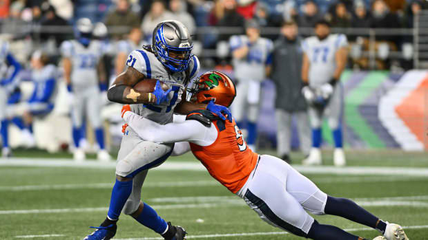 Feb 23, 2023; Seattle, WA, USA; Seattle Sea Dragons inside linebacker Tuzar Skipper (51) tackles St. Louis Battlehawks running back Mataeo Durant (21) for a loss during the second half at Lumen Field. St. Louis defeated Seattle 20-18. Mandatory Credit: Steven Bisig-USA TODAY Sports  