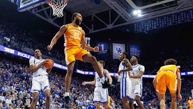 Feb 3, 2024; Lexington, Kentucky, USA; Tennessee Volunteers guard Josiah-Jordan James (30) celebrates after dunking the ball during the first half against the Kentucky Wildcats at Rupp Arena at Central Bank Center. Mandatory Credit: Jordan Prather-USA TODAY Sports