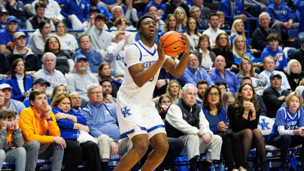 Feb 3, 2024; Lexington, Kentucky, USA; Kentucky Wildcats guard Adou Thiero (3) shoots the ball during the second half against the Tennessee Volunteers at Rupp Arena at Central Bank Center. Mandatory Credit: Jordan Prather-USA TODAY Sports