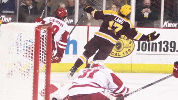 Wisconsin goaltender Kyle McClellan watches Minnesota's Brody Lamb celebrate after scoring the game-winning goal in a 2-1 overtime victory on Friday, Feb. 2, 2024, at the Kohl Center in Madison, Wis.