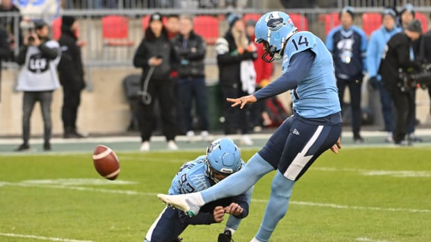 Nov 11, 2023; Toronto, Ontario, CAN; Toronto Argonauts place kicker Boris Bede (14) kicks a field goal against the Montreal Alouettes in the first half at BMO Field. Mandatory Credit: Dan Hamilton-USA TODAY Sports