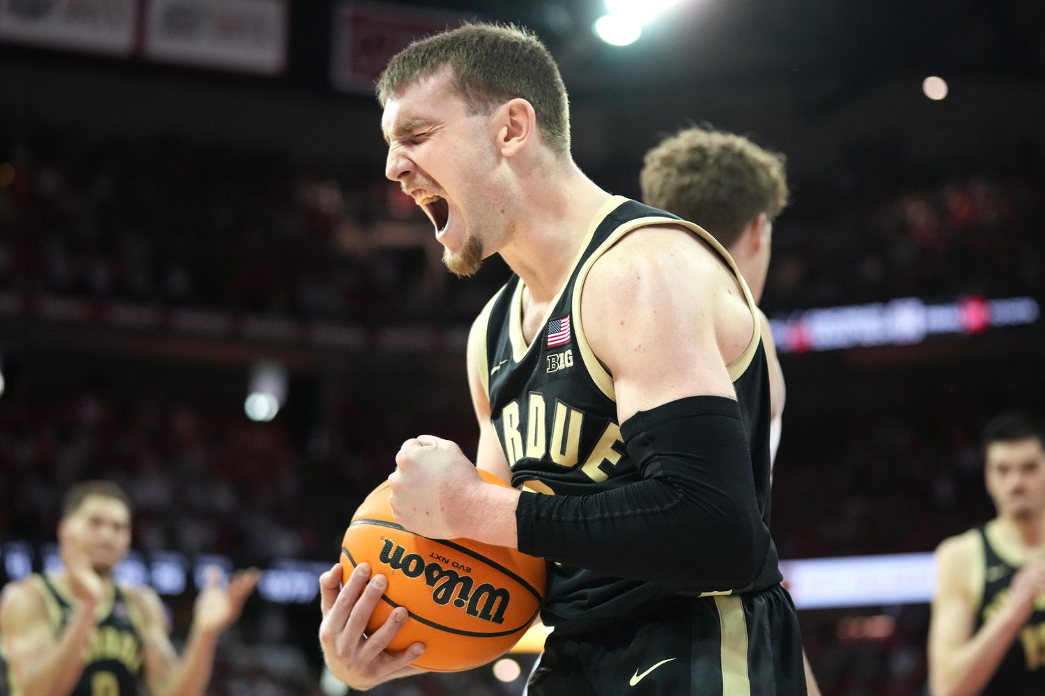 Purdue Boilermakers guard Braden Smith (3) reacts to Purdue Boilermakers causing a turnover against Wisconsin Badgers during the second half at the Kohl Center.