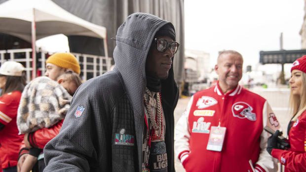 Feb 15, 2023; Kansas City, MO, USA; Kansas City Chiefs wide receiver Kadarius Toney at the Super Bowl LVII Champions Parade in downtown Kansas City, Mo. Mandatory Credit: Amy Kontras-USA TODAY Sports  