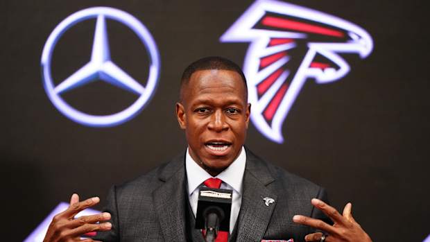Feb 5, 2024; Atlanta, GA, USA; Raheem Morris address the media after being introduced as the new head coach of the Atlanta Falcons at Mercedes-Benz Stadium.