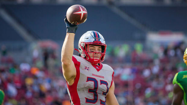 Feb 22, 2020; Tampa, Florida, USA; Houston Roughnecks wide receiver Nick Holley (33) holds the ball after scoring a touchdown during the second half at Raymond James Stadium. Mandatory Credit: Mary Holt-USA TODAY Sports  