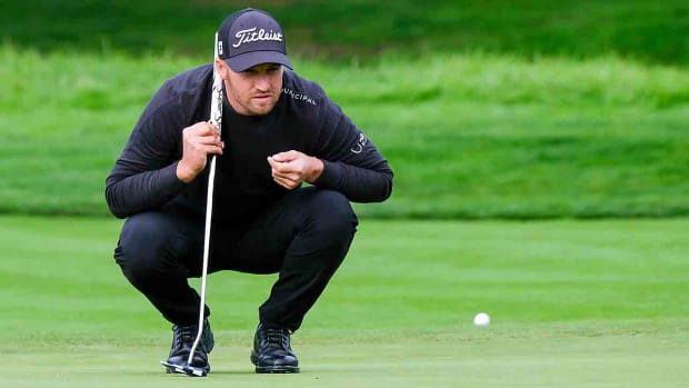 Wyndham Clark lines up a putt during the third round of the AT&T Pebble Beach Pro-Am tournament on Feb. 3, 2024 in Monterey, Calif.