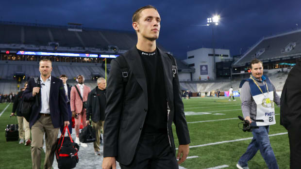 Georgia quarterback Carson Beck enters Bobby Dodd Stadium for a game at Georgia Tech.