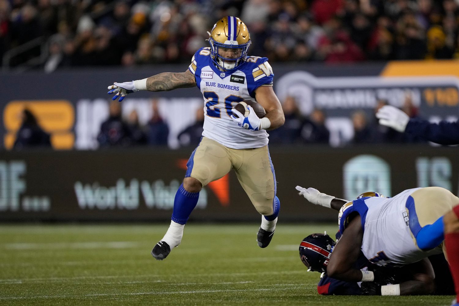 Nov 19, 2023; Hamilton, Ontario, CAN; Winnipeg Blue Bombers running back Brady Oliveira (20) runs against the Montreal Alouettes during the first quarter of the 110th Grey Cup game at Tim Hortons Field. Mandatory Credit: John E. Sokolowski-USA TODAY Sports  