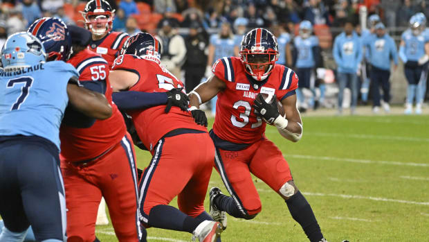 Nov 11, 2023; Toronto, Ontario, CAN; Montreal Alouettes running back William Stanback (31) follows his blockers as he runs with the ball against the Toronto Argonauts in the second half at BMO Field. Mandatory Credit: Dan Hamilton-USA TODAY Sports  