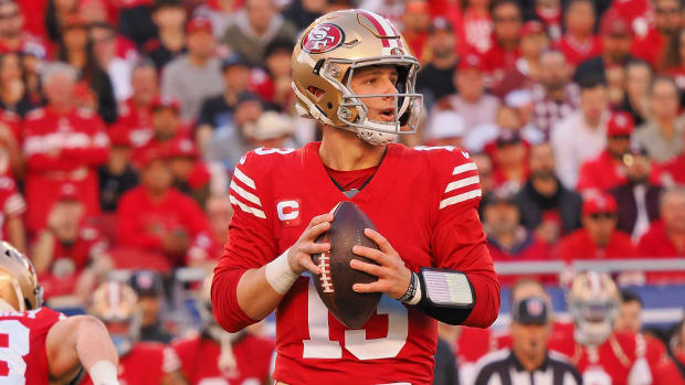 San Francisco 49ers quarterback Brock Purdy (13) looks to pass the ball against the Detroit Lions during the first half of the NFC Championship.