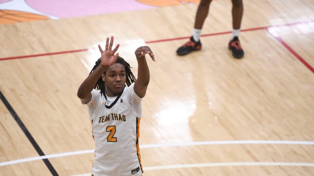 July 6, 2023; North Augusta, S.C., USA; Team Thad Jasper Johnson (2) shoots a free throw during the Team Thad and Florida Rebels basketball game at the fourth day of the Nike Peach Jam at Riverview Park Activities Center. The Florida Rebels defeated Team Thad 86-80 in overtime. Mandatory Credit: Katie Goodale-USA TODAY Network
