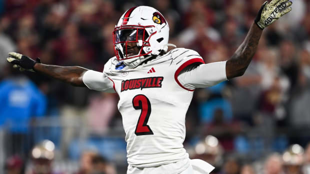 Dec 2, 2023; Charlotte, NC, USA; Louisville Cardinals defensive back Jarvis Brownlee Jr. (2) reacts in the second quarter against the Florida State Seminoles at Bank of America Stadium. Mandatory Credit: Bob Donnan-USA TODAY Sports  
