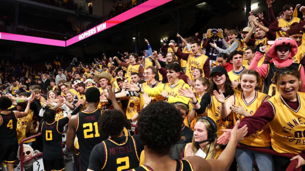 Minnesota players celebrate with the student section after the win against the Michigan State at Williams Arena in Minneapolis on Feb. 6, 2024.