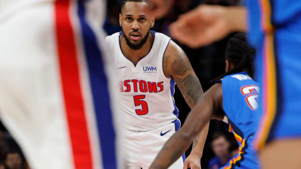 Detroit Pistons guard Monte Morris (5) dribbles in the second half against the Oklahoma City Thunder at Little Caesars Arena in Detroit on Jan. 28, 2024.