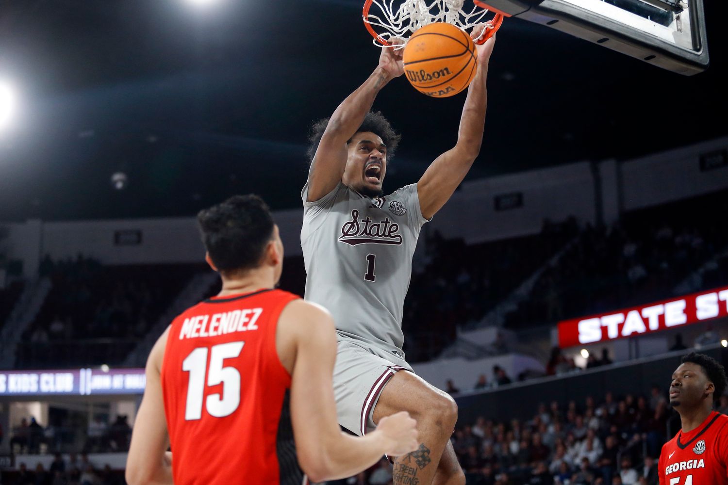 Feb 7, 2024; Starkville, Mississippi, USA; Mississippi State Bulldogs forward Tolu Smith (1) dunks during the second half against the Georgia Bulldogs at Humphrey Coliseum. Mandatory Credit: Petre Thomas-USA TODAY Sports