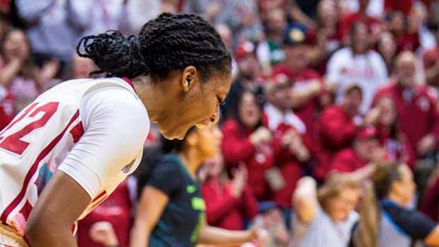 Indiana's Chloe Moore-McNeil (22) and Julianna LaMendola (20) celebrate LaMendola taking a charge during the first half of the Indiana versus Michigan State women's basketball game at Simon Skjodt Assembly Hall on Thursday, Feb. 8, 2024.