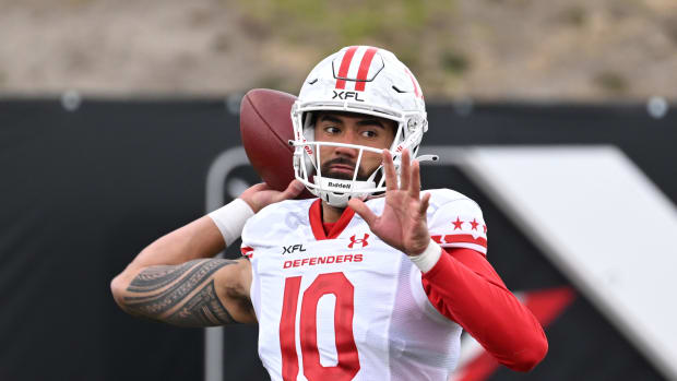 Feb 25, 2023; Las Vegas, NV, USA; D.C. Defenders quarterback Jordan Ta'amu (10) warms up before the game against the Vegas Vipers at Cashman Field. Mandatory Credit: Candice Ward-USA TODAY Sports  