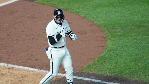 Oct 11, 2023; Minneapolis, Minnesota, USA; Minnesota Twins third baseman Royce Lewis (23) walks in the in the sixth inning against the Houston Astros during game four of the ALDS for the 2023 MLB playoffs at Target Field.