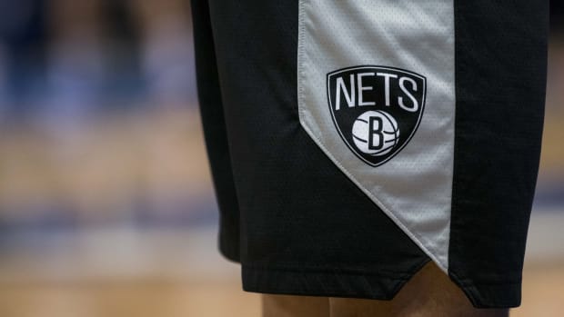 A view of the team logo on the shorts of Brooklyn Nets forward Jared Dudley (6) as he warms up before the game against the Dallas Mavericks at the American Airlines Center. 