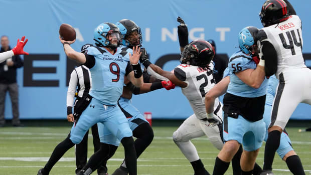 Feb 18, 2023; Arlington, TX, USA; Arlington Renegades quarterback Drew Plitt (9) throws downfield against the Vegas Vipers during the second half at Choctaw Stadium. Mandatory Credit: Raymond Carlin III-USA TODAY Sports  