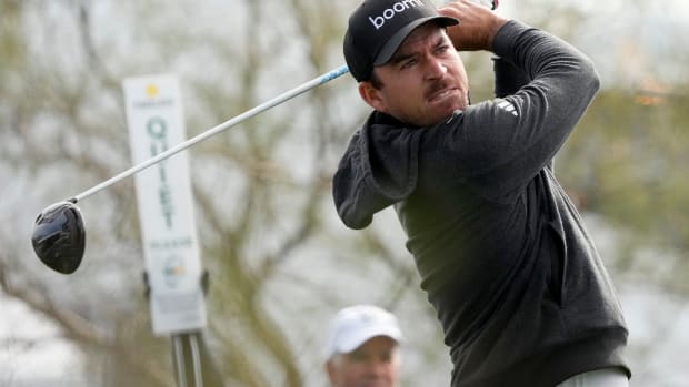 Nick Taylor hits from the third tee box during continuation of round 1 of the WM Phoenix Open at TPC Scottsdale on Feb. 8, 2024.