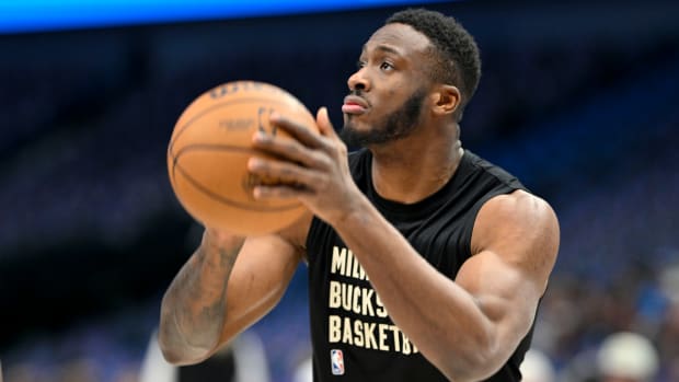 Feb 3, 2024; Dallas, Texas, USA; Milwaukee Bucks forward Thanasis Antetokounmpo (43) warms up before the game between the Dallas Mavericks and the Milwaukee Bucks at the American Airlines Center.