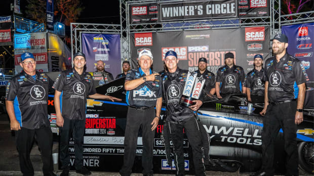 Team owner John Force congratulates Austin Prock, winner in the Funny Car class of Saturday's finals of the PRO Superstar Shootout in Bradenton, Fla. It was Prock's first-ever race in a Funny Car, filling in for the sidelined Robert Hight. All photos: Luke Nieuwhof.