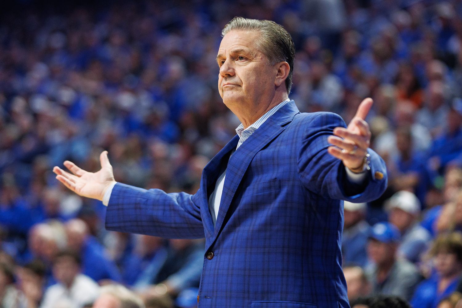 Feb 10, 2024; Lexington, Kentucky, USA; Kentucky Wildcats head coach John Calipari reacts during the first half against the Gonzaga Bulldogs at Rupp Arena at Central Bank Center. Mandatory Credit: Jordan Prather-USA TODAY Sports