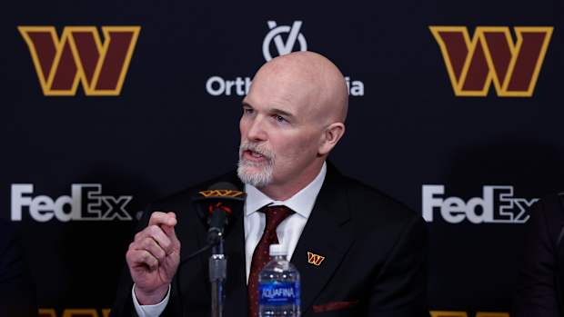 Feb 5, 2024; Ashburn, VA, USA; Washington Commanders head coach Dan Quinn speaks at his introductory press conference at Commanders Park.