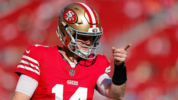 Jan 7, 2024; Santa Clara, California, USA; San Francisco 49ers quarterback Sam Darnold (14) before the game against the Los Angeles Rams at Levi's Stadium.