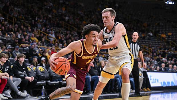 Braeden Carrington drives against Iowa