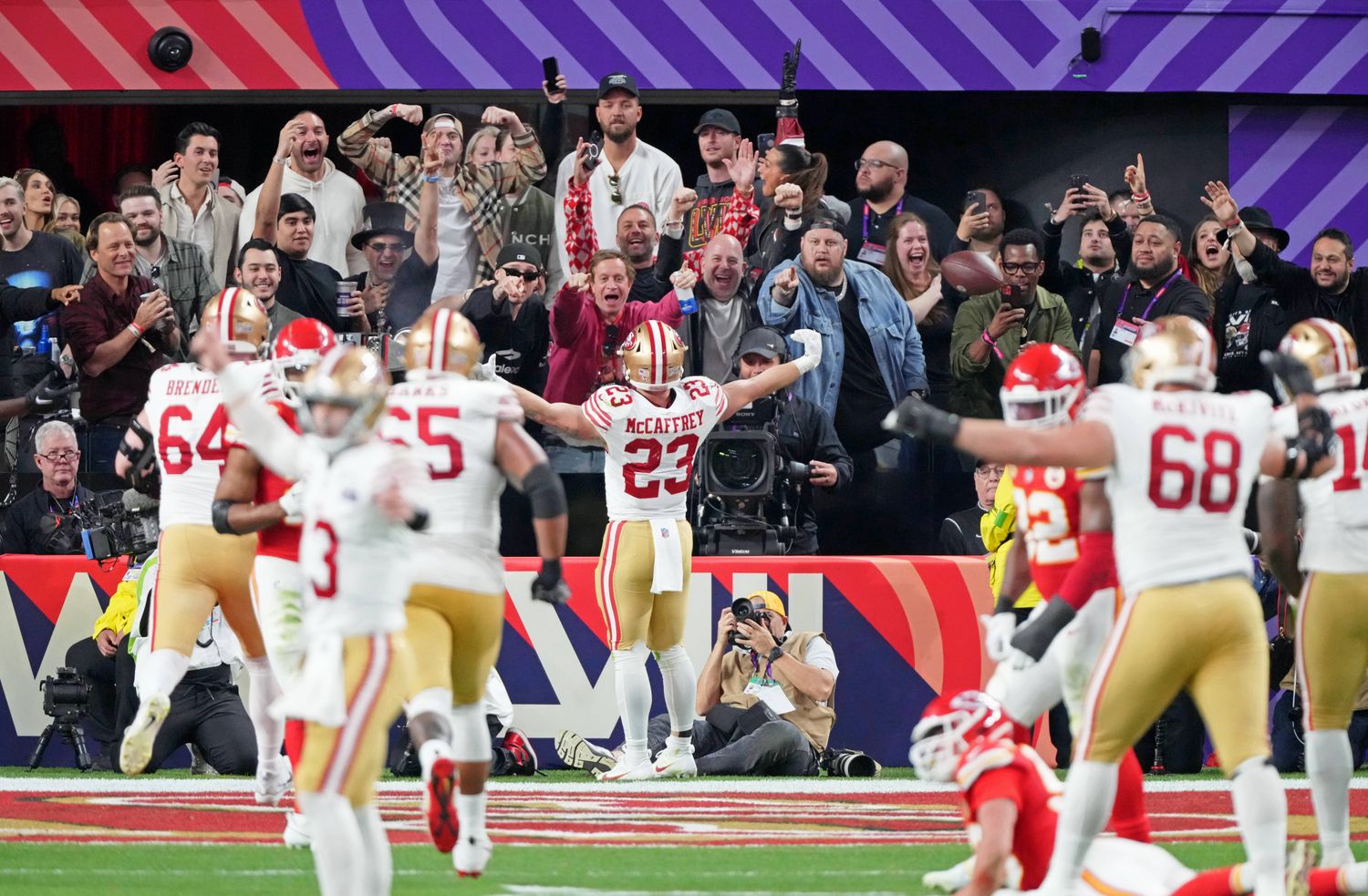 Feb 11, 2024; Paradise, Nevada, USA; San Francisco 49ers running back Christian McCaffrey (23) reacts after scoring a touchdown against the Kansas City Chiefs during the second quarter of Super Bowl LVIII at Allegiant Stadium. Mandatory Credit: Kyle Terada-USA TODAY Sports 