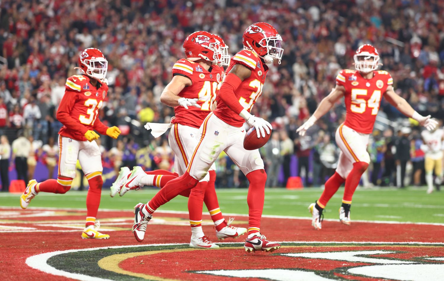 Feb 11, 2024; Paradise, Nevada, USA; Kansas City Chiefs cornerback Jaylen Watson (35) celebrates after recovering a muffed punt against the San Francisco 49ers in the second half in Super Bowl LVIII at Allegiant Stadium. Mandatory Credit: Mark J. Rebilas-USA TODAY Sports  