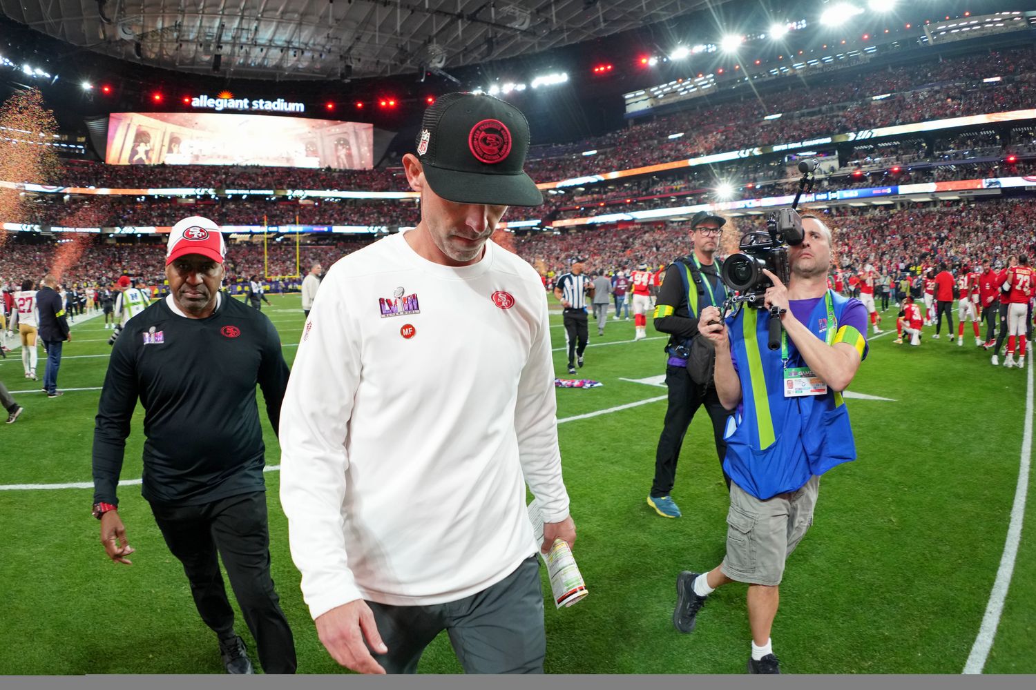 Feb 11, 2024; Paradise, Nevada, USA; San Francisco 49ers head coach Kyle Shanahan walks off the field after losing Super Bowl LVIII to the Kansas City Chiefs at Allegiant Stadium. Mandatory Credit: Kirby Lee-USA TODAY Sports  
