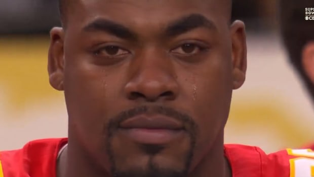 Kansas City Chiefs defensive tackle Chris Jones shed tears during “The Star-Spangled Banner” at Super Bowl LVIII in Las Vegas.