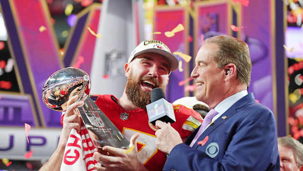 Kansas City Chiefs tight end Travis Kelce speaks to CBS announcer Jim Nantz after Super Bowl LVIII at Allegiant Stadium in Las Vegas.