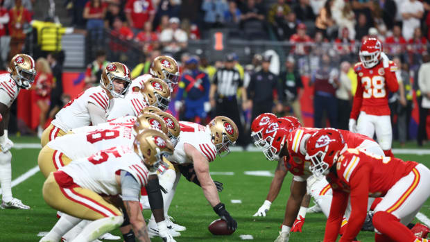 Feb 11, 2024; Paradise, Nevada, USA; San Francisco 49ers quarterback Brock Purdy (13) under center against the Kansas City Chiefs in the first half in Super Bowl LVIII at Allegiant Stadium. Mandatory Credit: Mark J. Rebilas-USA TODAY Sports  