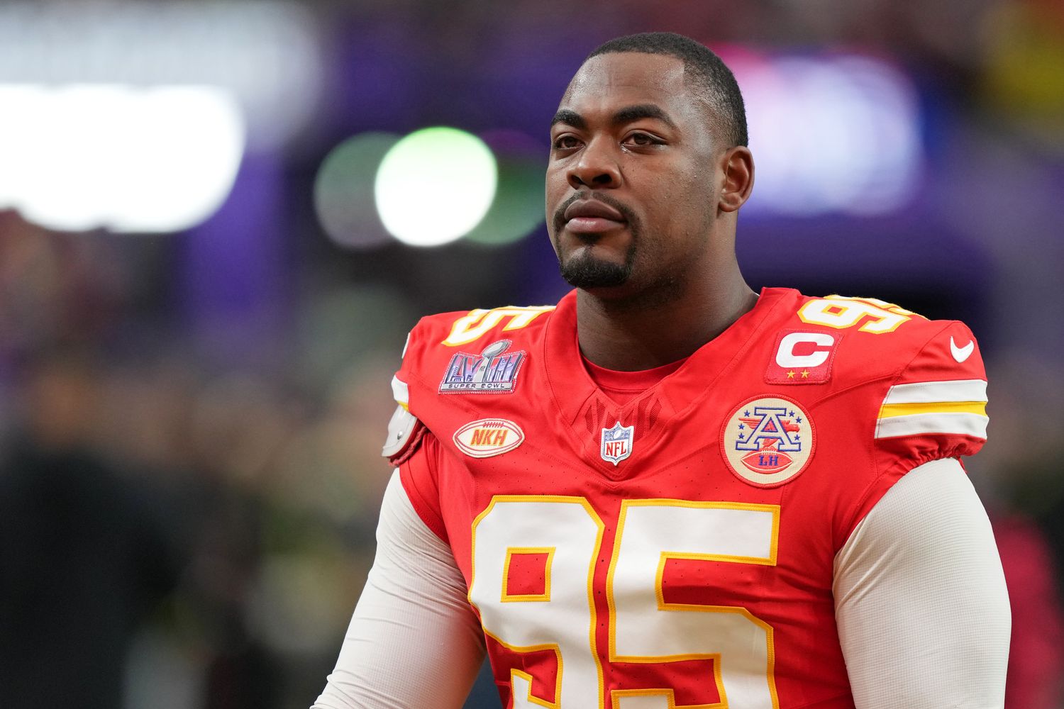 Feb 11, 2024; Paradise, Nevada, USA; Kansas City Chiefs defensive tackle Chris Jones (95) warms up before Super Bowl LVIII against the San Francisco 49ers at Allegiant Stadium. 