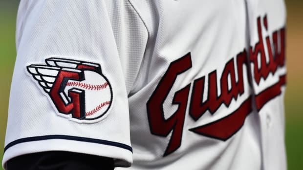 Apr 15, 2022; Cleveland, Ohio, USA; A detail of the uniform of Cleveland Guardians left fielder Steven Kwan during the game between the Cleveland Guardians and the San Francisco Giants at Progressive Field.