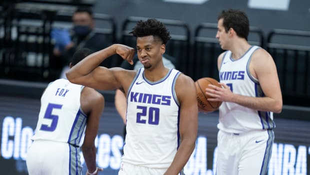 December 17, 2020; Sacramento, California, USA; Sacramento Kings center Hassan Whiteside (20) celebrates a basket against the Golden State Warriors during the second quarter at Golden 1 Center. Mandatory Credit: Kyle Terada-USA TODAY Sports  