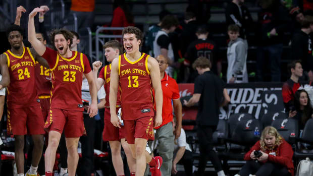 Feb 13, 2024; Cincinnati, Ohio, USA; Iowa State Cyclones guard Cade Kelderman (13) reacts after the victory over the Cincinnati Bearcats at Fifth Third Arena. Mandatory Credit: Katie Stratman-USA TODAY Sports  