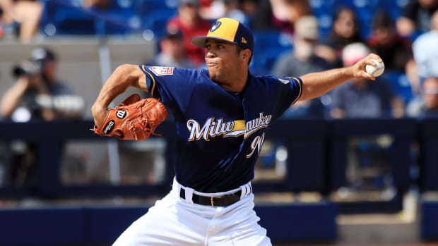 Clayton Andrews delivers a pitch against the Diamondbacks after coming on for Jeremy Jeffress during the third inning.